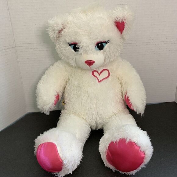 Build A Bear SASSY Cat White Pink Heart 17” Plush Kitty Cat - Picture 1 of 7